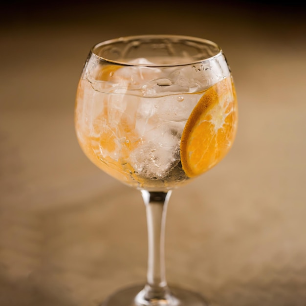 Un verre d'oranges et de glace est posé sur une table.