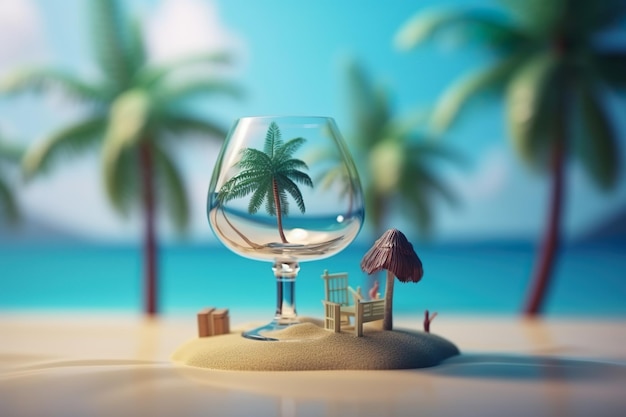 Un verre avec un palmier dessus et une scène de plage.