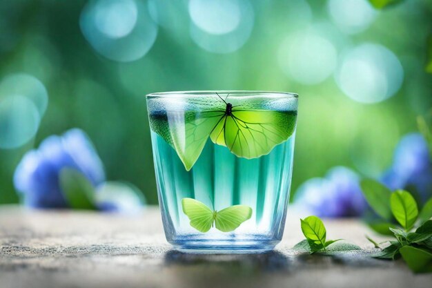 un verre avec un papillon dessus et une feuille dessus