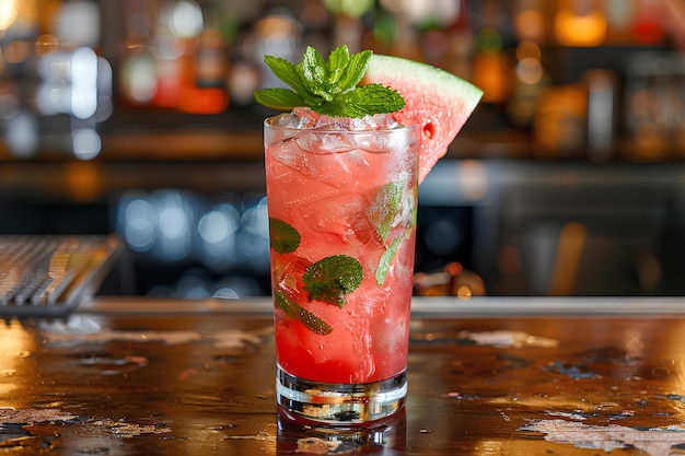 Un verre de pastèque et de menthe sur un bar avec un couteau et une bouteille d'alcool nourriture professionnelle