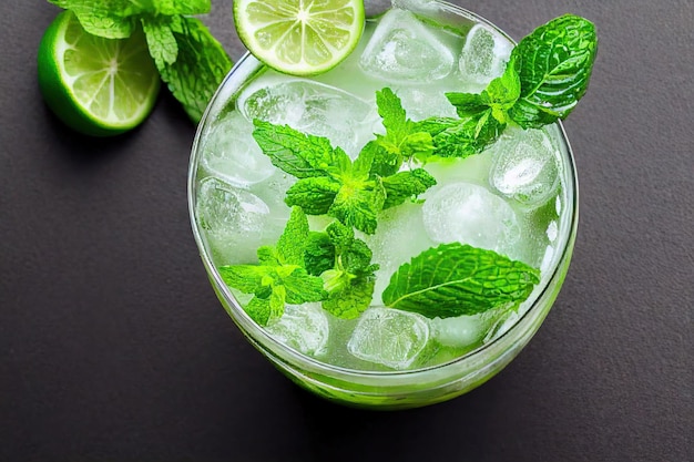 Verre plein de cocktails mojito à la menthe citron vert et glaçons