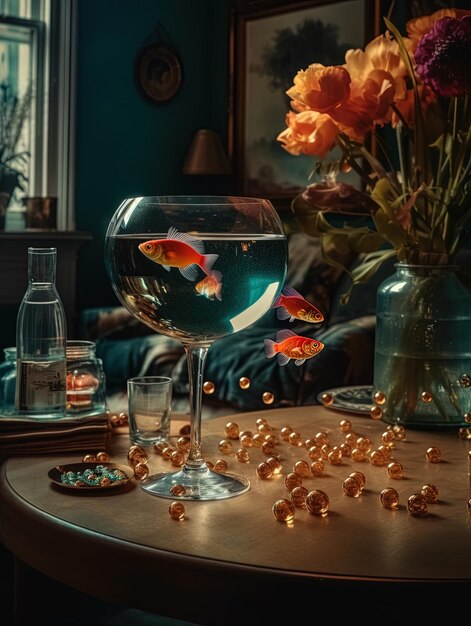 Un verre de poisson est à côté d'un vase à fleurs et d'un vase à fleurs.