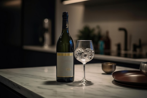 Un verre de ponçage du vin près d'une bouteille de vin dans une cuisine moderne ai générative