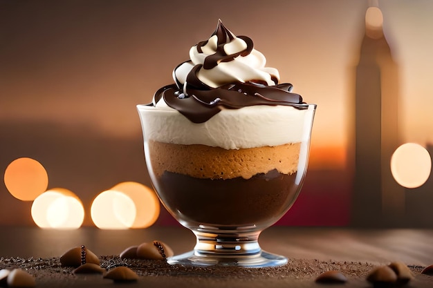 Un verre de pudding au chocolat avec de la crème fouettée et des noix sur le dessus.