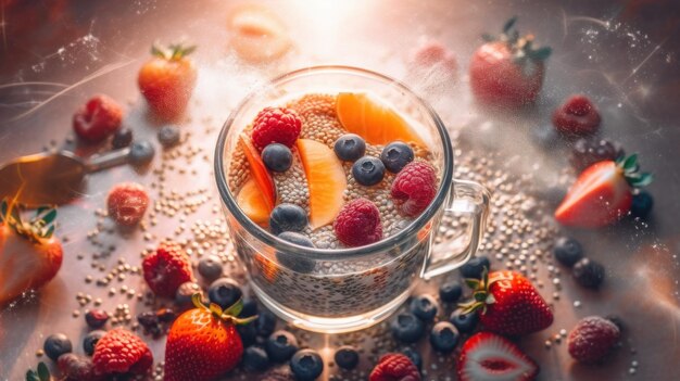 Un verre de pudding de chia garni de baies et de bleuets image générative ai