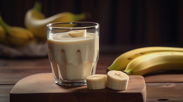 Verre de pudding à la vanille savoureux avec banane sur table en bois ai génératif