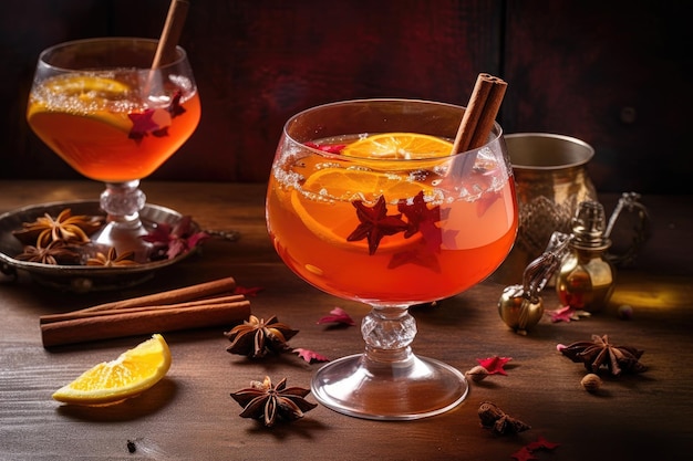 Verre de punch au rhum avec des fruits flottants et des épices créés avec une IA générative