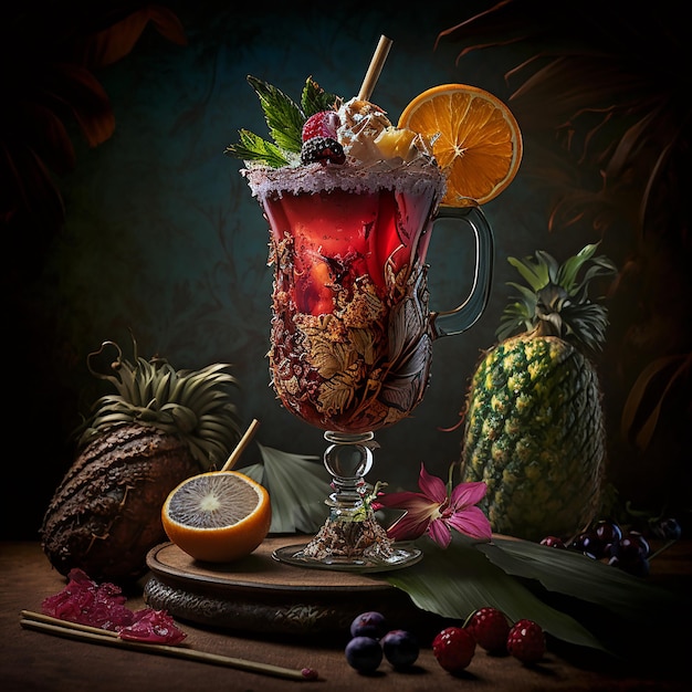Un verre de punch aux fruits avec un grand verre de liquide rouge et un bouquet de fruits sur une table.