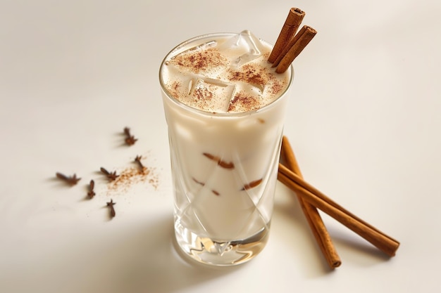 Un verre rafraîchissant d'horchata avec des cubes de glace et des bâtons de cannelle