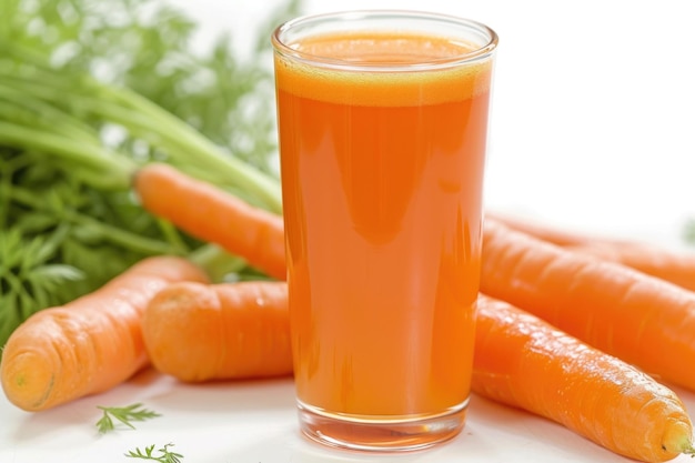 Un verre rafraîchissant de jus de carotte étincelant de vitalité sur un fond blanc vierge