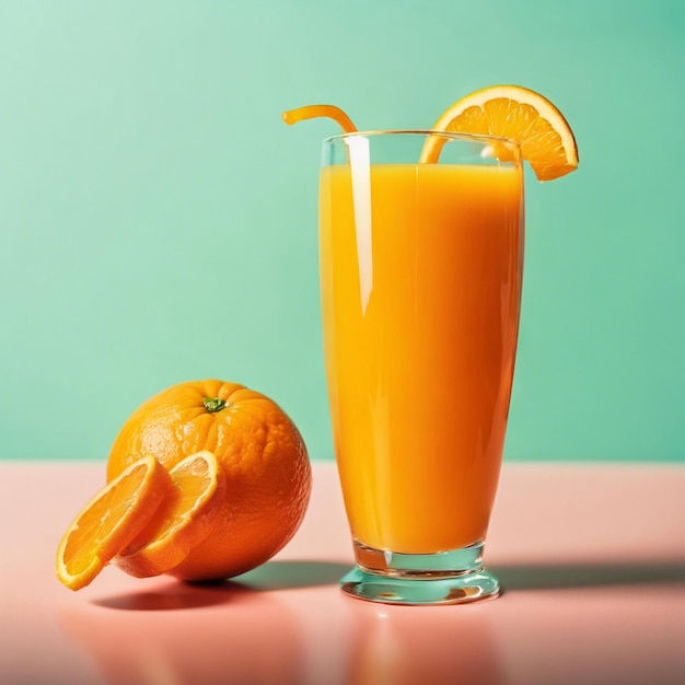 Un verre rafraîchissant de jus d'orange est posé sur un fond propre et vibrant.