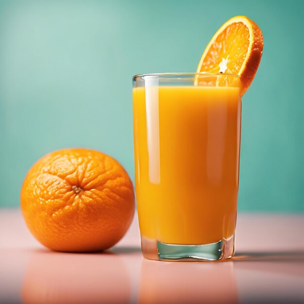 Un verre rafraîchissant de jus d'orange est posé sur un fond propre et vibrant.