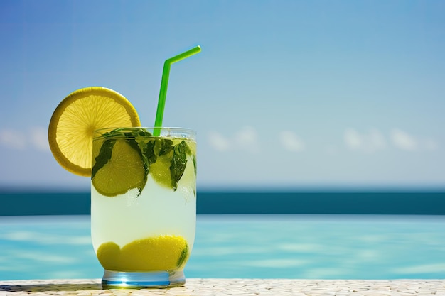 Verre rafraîchissant de limonade à côté d'une piscine étincelante par une journée ensoleillée AI générative