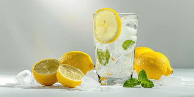 Un verre rafraîchissant de limonade glacée avec des tranches de citron et des feuilles de menthe