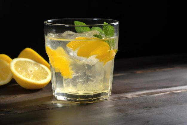 Verre rafraîchissant de limonade avec des glaçons et tranche d'agrumes créé avec ai générative