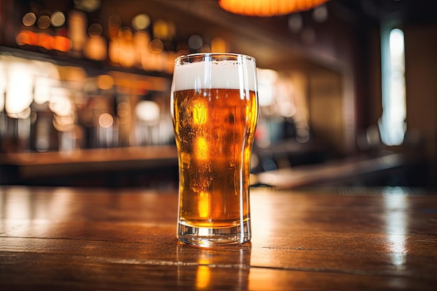 Un verre rempli de bière posé sur le comptoir du bar