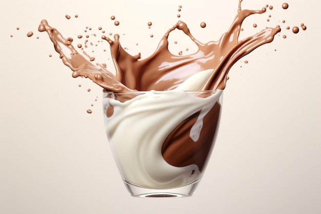Verre rempli de chocolat et de lait avec un fond blanc Splash Generative AI