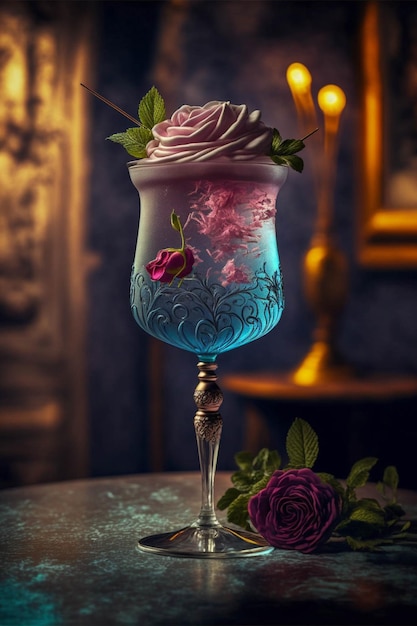 Verre rempli de fleurs roses assis sur une table ai générative