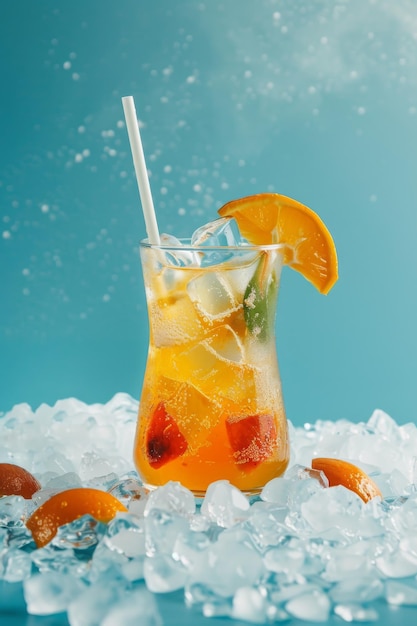 Un verre rempli de glace et de tranches d'orange