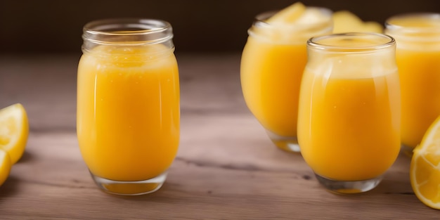 Un verre rempli de jus de beurre sur la table en bois.