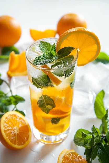 un verre rempli de thé glacé garni de tranches de citron frais et de feuilles de menthe avec un citrus