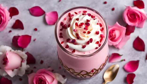 un verre rose avec de la crème blanche et des fleurs rouges sur la table