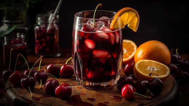 Un verre de sangria aux cerises avec des tranches d'orange et un verre de jus d'orange.