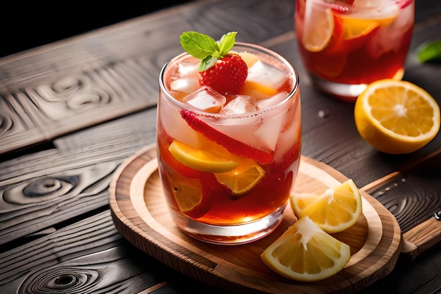 Un verre de sangria avec des tranches de citron et une tranche de citron sur une planche de bois.