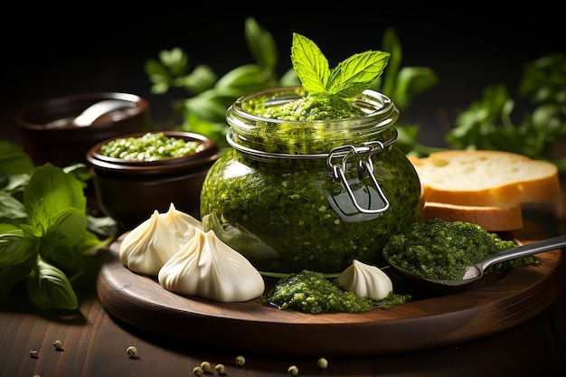 Un verre de sauce pesto au basilic faite maison