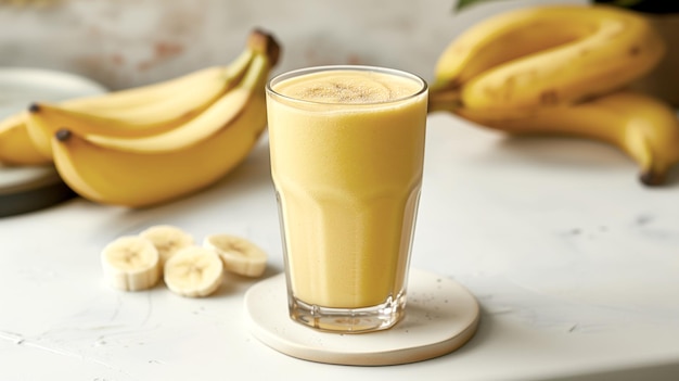 Un verre de savoureux smoothie à la banane avec des tranches de bananes sur un fond blanc minimal
