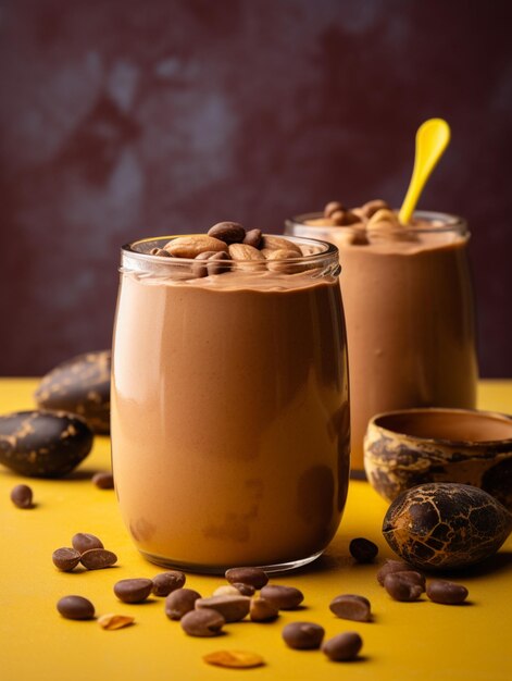 Un verre de smoothie au chocolat et au beurre d'arachide avec une cuillère à côté.