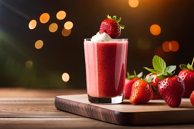 Un verre de smoothie aux fraises à côté d'un verre de lait.