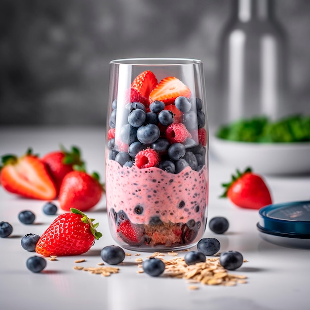 Un verre de smoothie aux fruits et aux baies avec des myrtilles et des fraises.