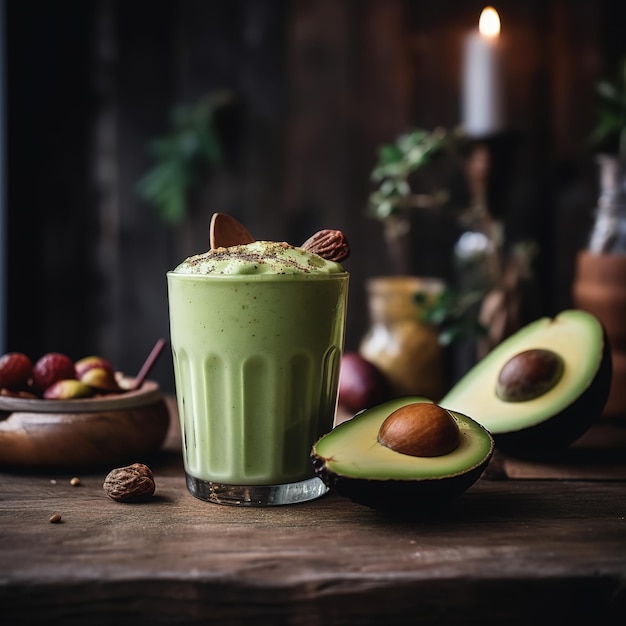 Un verre de smoothie à l'avocat avec un avocat entier sur le côté.