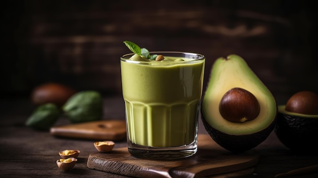 Un verre de smoothie à l'avocat à côté d'une moitié d'avocat.