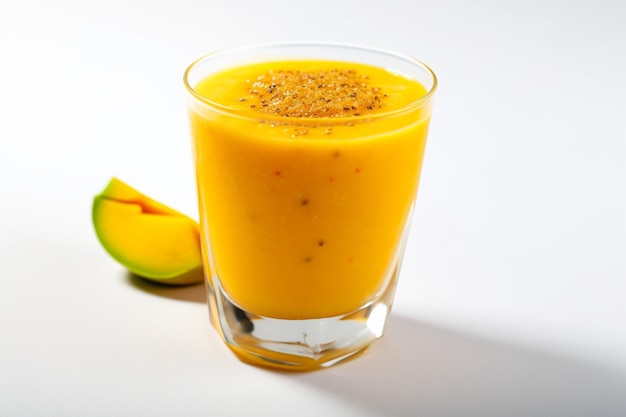 Un verre de smoothie à la mangue avec une tranche de mangue sur le côté