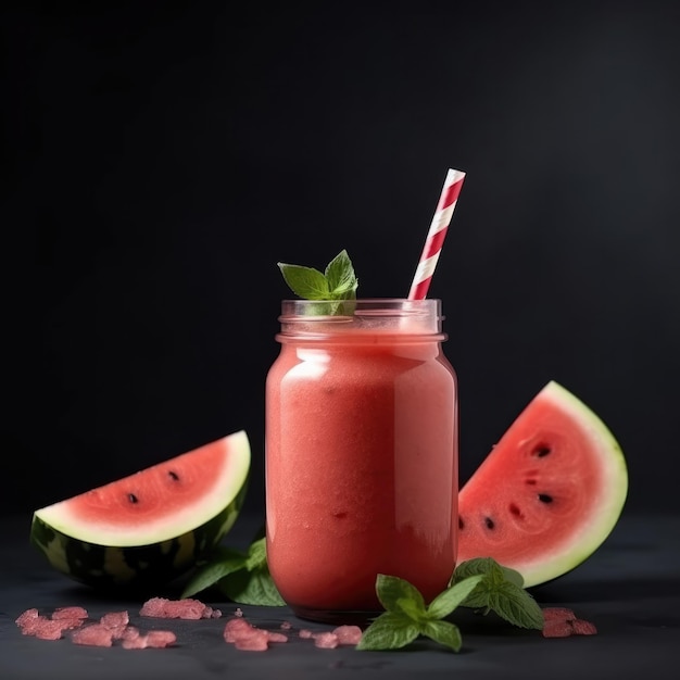 Un verre de smoothie à la pastèque avec une paille à rayures rouges et blanches.