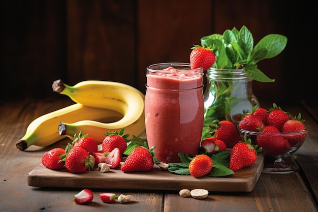 Un verre de smoothie placé sur une chaise en bois avec un chapeau de plage