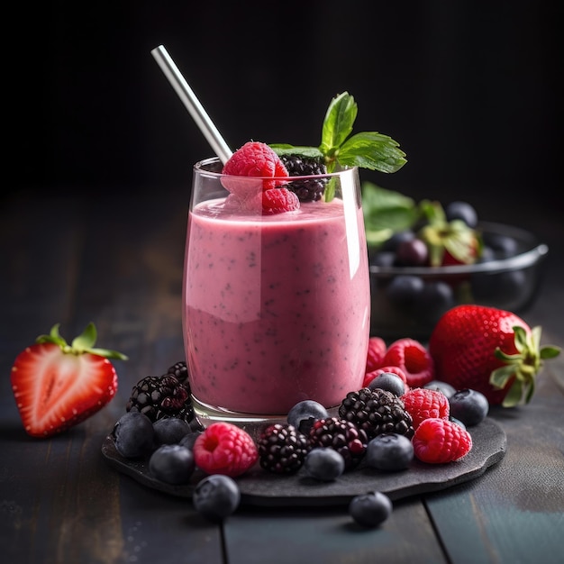 Un verre de smoothie rose avec une paille et des mûres sur fond noir.