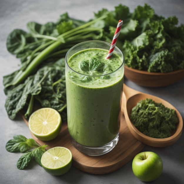 Un verre de smoothie vert à côté de quelques citrons verts et citrons verts.