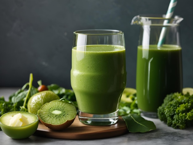 Un verre de smoothie vert à côté d'un verre de jus vert sur une table