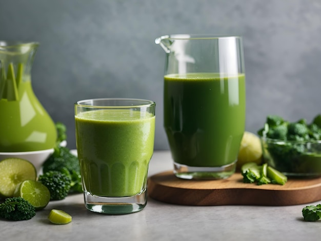 Un verre de smoothie vert à côté d'un verre de jus vert sur une table