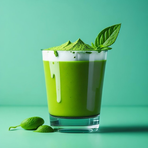 Un verre de smoothie vert avec un liquide vert sur le dessus