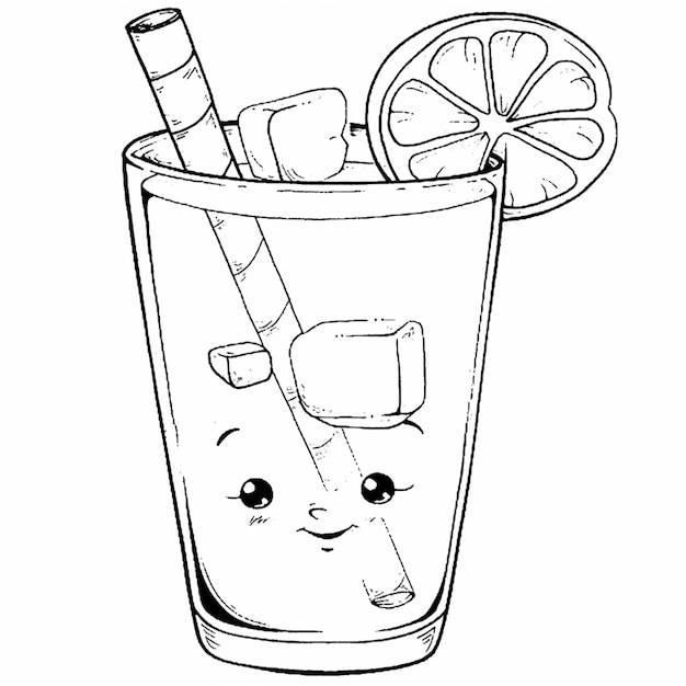 un verre de soda de dessin animé avec une tranche de citron et une paille générative ai