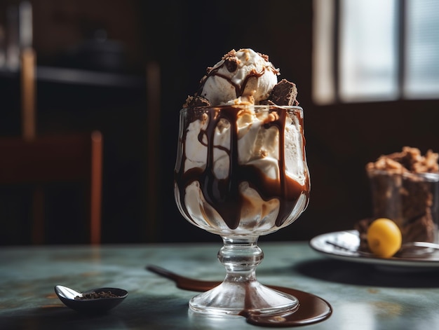 Un verre de sundae au chocolat avec une sauce au chocolat et de la crème fouettée sur le dessus.