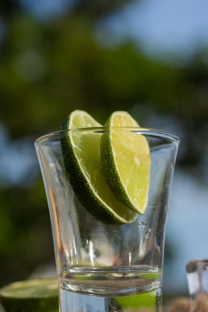 Verre sur la table avec du citron dans une journée ensoleillée