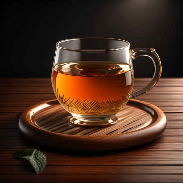 Un verre de thé sur une assiette en bois