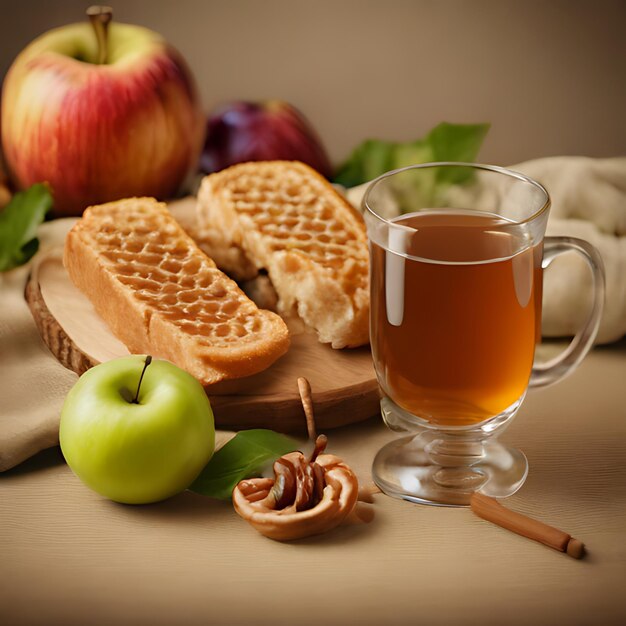 Photo un verre de thé à côté d'un pain et d'une poire