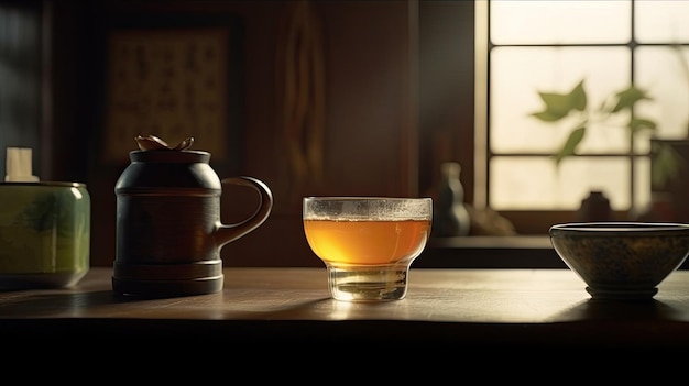 Un verre de thé est posé sur une table à côté d'une théière.