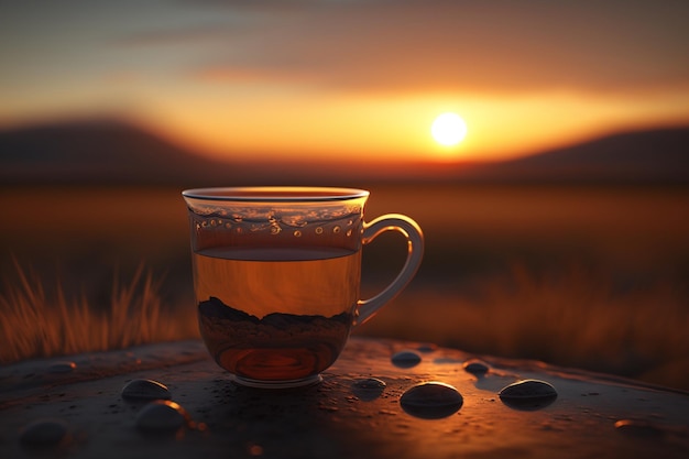 Un verre de thé est posé sur une table en métal devant un coucher de soleil.